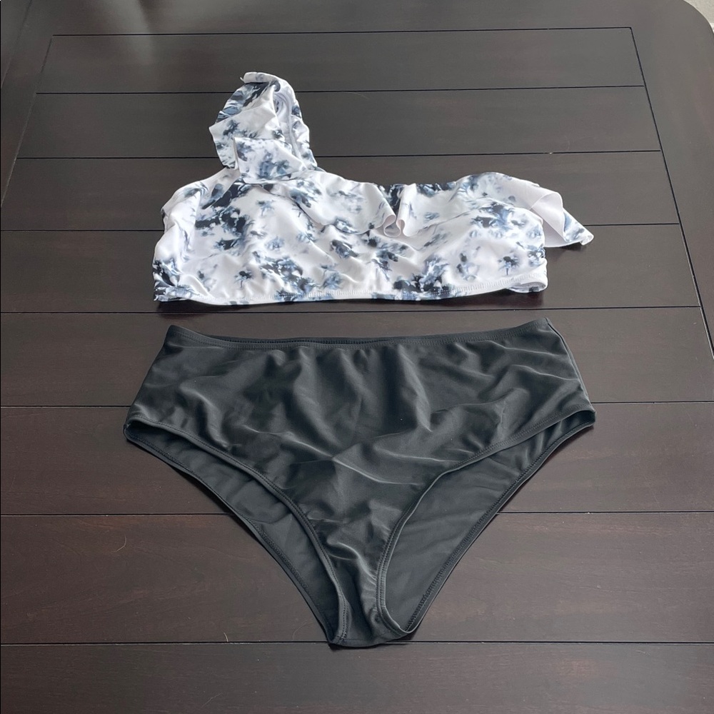 Black and White One Shoulder Ruffle Top|High-Waisted Bikini Set